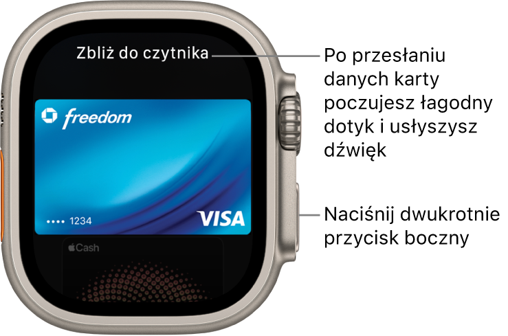Ekran Apple Pay z widoczną na górze etykietą Zbliż do czytnika. Gdy dane karty zostaną wysłane, poczujesz delikatne stuknięcie oraz usłyszysz dźwięk.