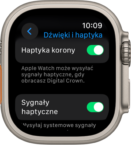 Ekran Haptyka korony, na którym widoczny jest włączony przełącznik Haptyka korony. Pod nim wyświetlany jest przełącznik Sygnały haptyczne.