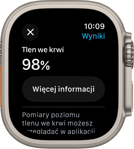 Ekran aplikacji Tlen we krwi, wyświetlający poziom tlenu we krwi wynoszący 98 procent. Poniżej widoczny jest przycisk Więcej informacji.