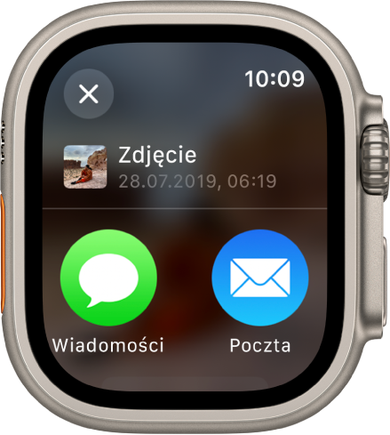 Ekran udostępniania w aplikacji Zdjęcia. Na górze ekranu widoczne jest udostępniane zdjęcie. Poniżej znajdują się przyciski Wiadomości i Poczta.