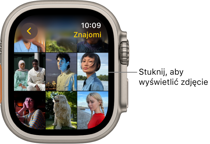 Główny ekran aplikacji Zdjęcia na Apple Watch, przedstawiający kilka zdjęć wyświetlonych w postaci siatki.