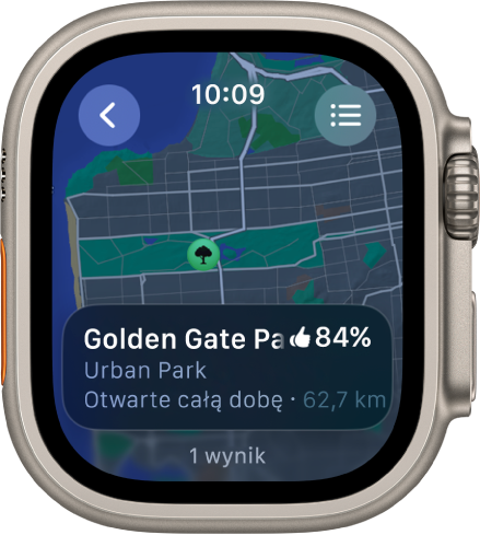 Aplikacja Mapy wyświetlająca mapę parku Golden Gate Park w San Francisco wraz z oceną parku, godzinami otwarcia oraz odległością od Twojego bieżącego położenia. W prawym górnym rogu znajduje się przycisk Trasy. W lewym górnym rogu widoczny jest przycisk Wróć.