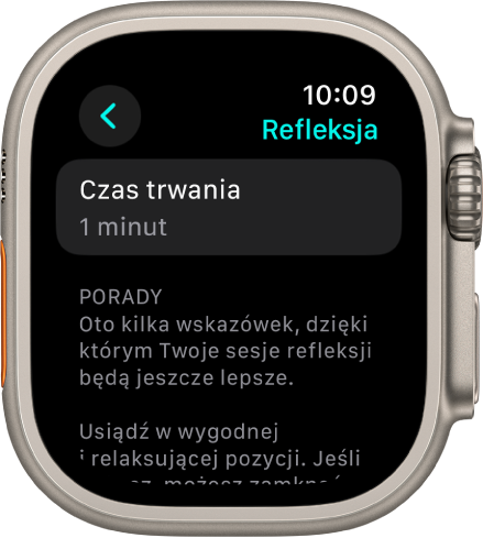 Ekran aplikacji Uważność. W prawym górnym rogu widoczny jest czas trwania, równy jedną minutę. Poniżej wyświetlane są wskazówki, dzięki którym możesz wzbogacić swoją sesję refleksji.