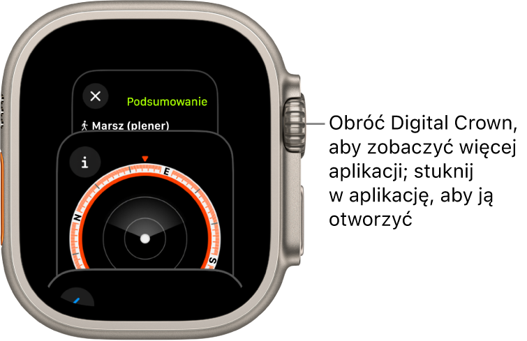 Ekran przełączania aplikacji wyświetlający aplikację Kompas. Obróć Digital Crown, aby zobaczyć więcej aplikacji. Stuknij w tę, którą chcesz otworzyć.