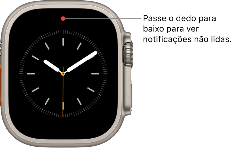 A parte central superior do mostrador exibe um ponto vermelho quando existe uma notificação não lida.