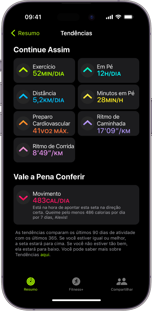 A aba Tendências do app Fitness no iPhone. Várias métricas aparecem abaixo do cabeçalho Tendências, na parte superior da tela. As métricas incluem Exercício, Ficar em Pé, Distância, dentre outras. Movimento aparece no cabeçalho “Vale a pena dar uma olhada”.