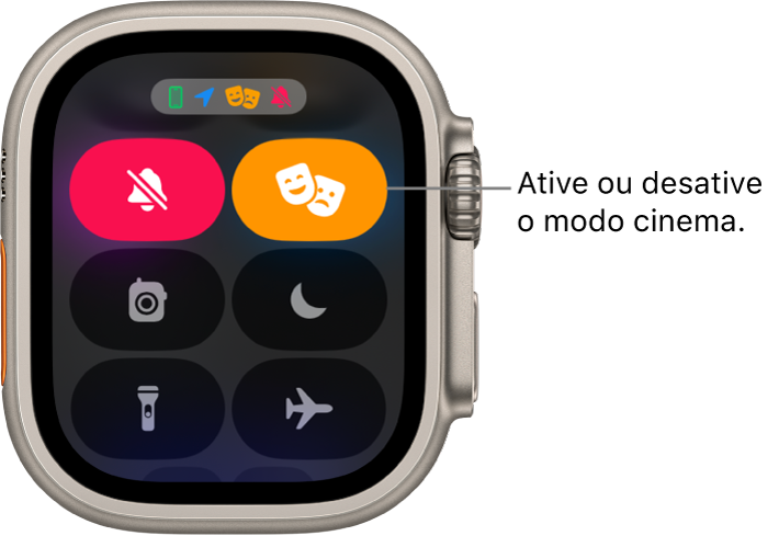 Central de Controle com os botões modo cinema e modo silencioso destacados para indicar que o modo cinema está ativado.