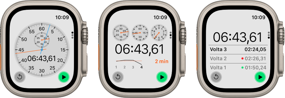 Três tipos de cronômetros no app Cronômetro: um cronômetro analógico, um cronômetro híbrido que mostra o tempo nos formatos analógico e digital, e um cronômetro digital com um contador de voltas. Cada relógio tem botões de iniciar e zerar.