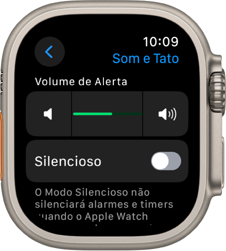 Ajustes de “Som e Tato” no Apple Watch, com o controle de “Volume de Alerta” na parte superior e o controle do Modo Silencioso abaixo.