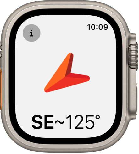 App Bússola mostrando uma seta grande apontando na direção do rumo que aparece abaixo. O botão Informações está no canto superior esquerdo.