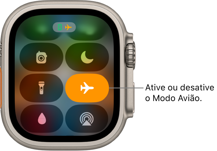 Central de Controle com o botão Modo Avião destacado para mostrar que o Modo Avião está ativado.
