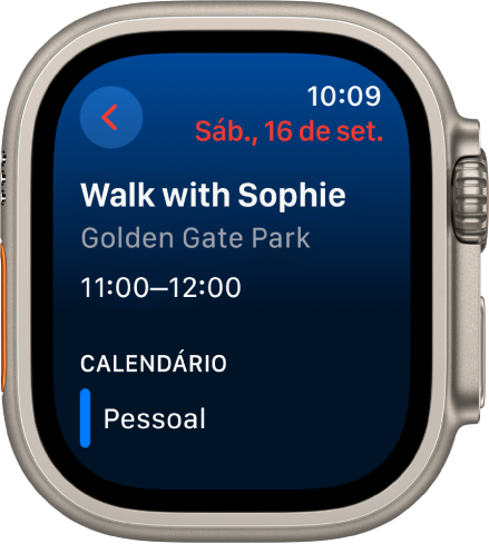 Tela do app Calendário mostrando um evento novo. O nome do evento está na parte superior, com a localização e o horário do evento abaixo. A data do evento está na parte superior direita. Abaixo da seção Calendário está o nome do calendário ao qual o evento pertence.
