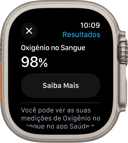 Tela de resultados do Oxigênio no Sangue mostrando uma saturação de oxigênio no sangue de 98 por cento. O botão Saiba Mais aparece abaixo.