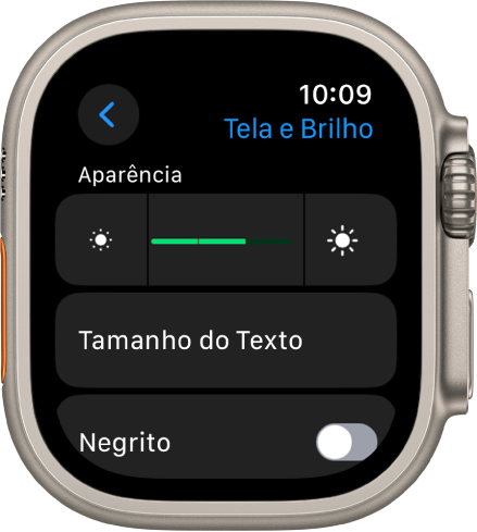 Ajustes de Tela e Brilho no Apple Watch, com o controle deslizante de Brilho na parte superior e o botão Tamanho do Texto abaixo.