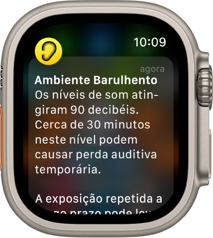 Apple Watch mostrando uma notificação do app Ruído. O ícone do app associado à notificação aparece na parte superior esquerda. Você pode tocar nele para abrir o app.
