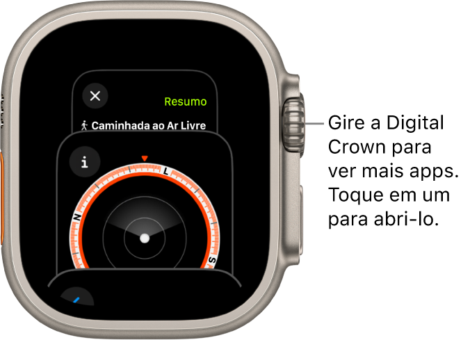 Seletor de Apps mostrando o app Bússola. Gire a Digital Crown para ver mais apps. Toque em um deles para abri-lo.
