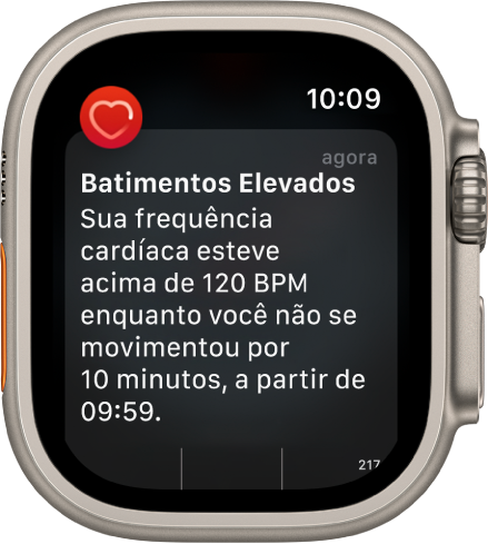 Tela Batimentos Elevados mostrando uma notificação que indica que os batimentos passaram de 120 BPM por 10 minutos enquanto você parecia estar inativo.