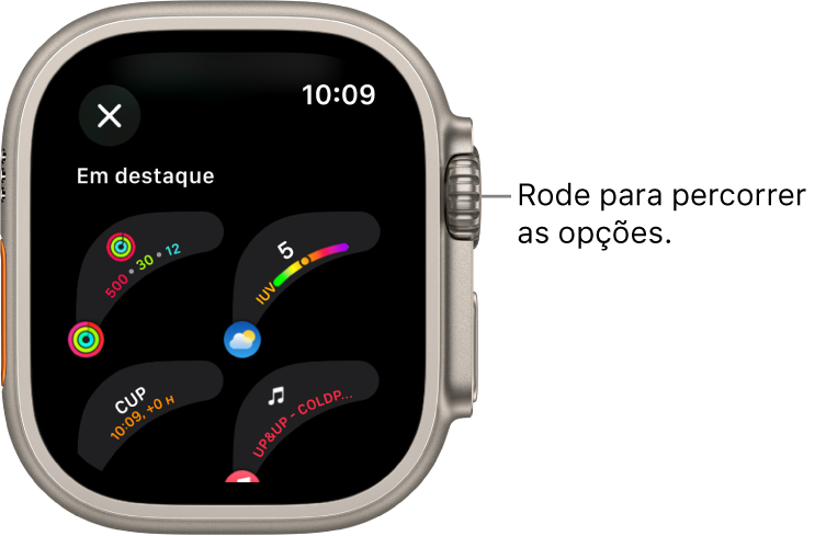 O ecrã de personalização de um mostrador com as complicações em destaque. Rode a Digital Crown para explorar complicações.