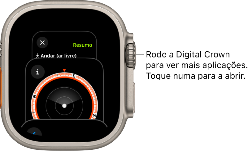 O seletor de aplicações com a aplicação Bússola. Rode a Digital Crown para ver mais aplicações. Toque numa para a abrir.