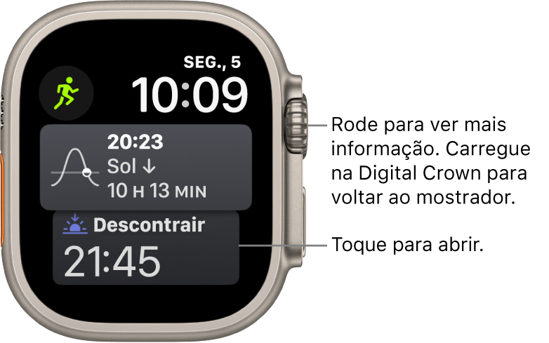 O mostrador Siri com a data e a hora no canto superior direito. A complicação “Fase da lua” encontra-se na parte superior esquerda. Por baixo encontra-se a complicação “Nascer do sol/pôr do sol”. Na parte inferior encontra-se a complicação “Sono”.