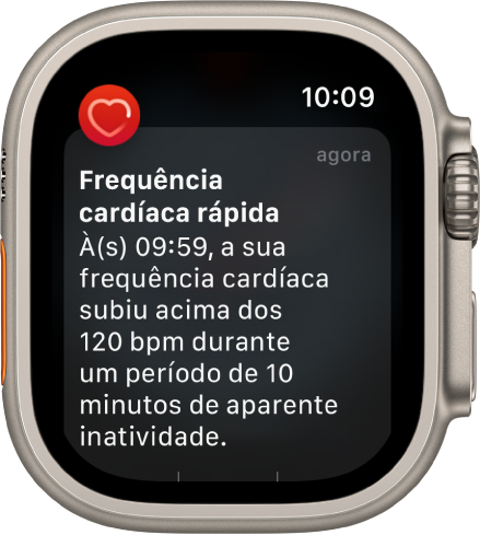 O ecrã “Frequência cardíaca rápida”, com uma notificação de que a sua frequência cardíaca ultrapassou os 120 BPM durante 10 minutos, apesar de ter permanecido inativo.