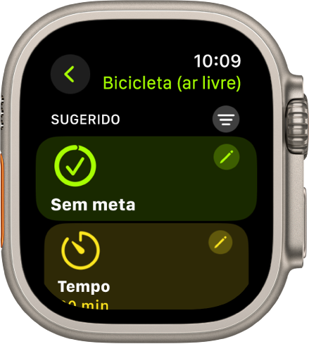A aplicação Treino a mostrar um ecrã para editar um treino “Bicicleta (ar livre)”. O mosaico “Abrir” encontra-se no centro com um botão “Editar” no canto superior direito. Uma parte do mosaico “Tempo” está por baixo.
