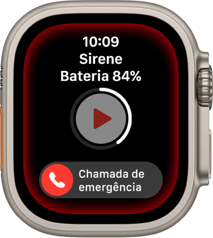 Sirene em contagem decrescente. Junto à parte superior encontra-se a carga da bateria, no meio está um botão “Reproduzir” e, na parte inferior, o nivelador “SOS emergência”.