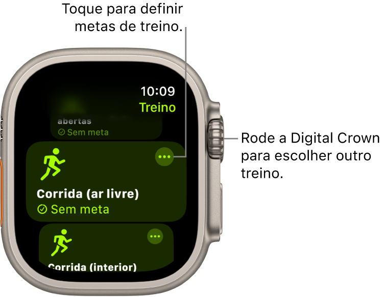 O ecrã Treino com o treino de corrida ao ar livre destacado. Um botão Mais no canto superior direito do mosaico de treino.