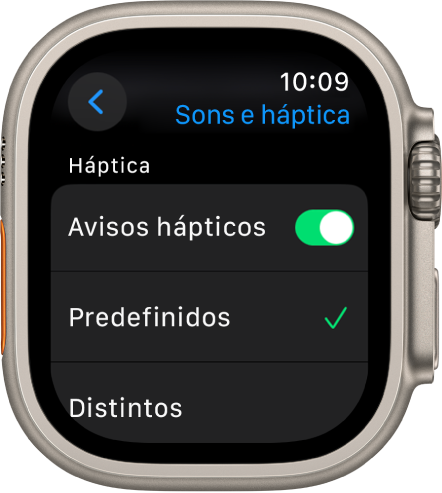 Definições de Sons e háptica no Apple Watch com o manípulo Avisos de háptica e as opções Predefinidos e Distintos por baixo.