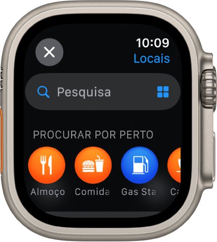 O ecrã “Pesquisar” na aplicação Mapas, com o campo de pesquisa junto à parte superior. O título “Procurar por perto” surge junto à parte inferior com categorias como “restaurantes” e “bombas de gasolina” por baixo.