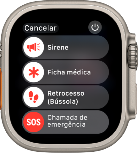 O ecrã do Apple Watch com quatro niveladores: “Sirene”, “Ficha médica”, “Retrocesso da Bússola” e “SOS emergência”. O botão de alimentação encontra-se no canto superior direito.