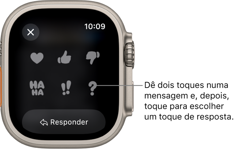 Uma conversa na aplicação Mensagens com opções de Tapback: coração, polegar para cima, polegar para baixo, Ha Ha, !! e ?. Por baixo está um botão Responder.