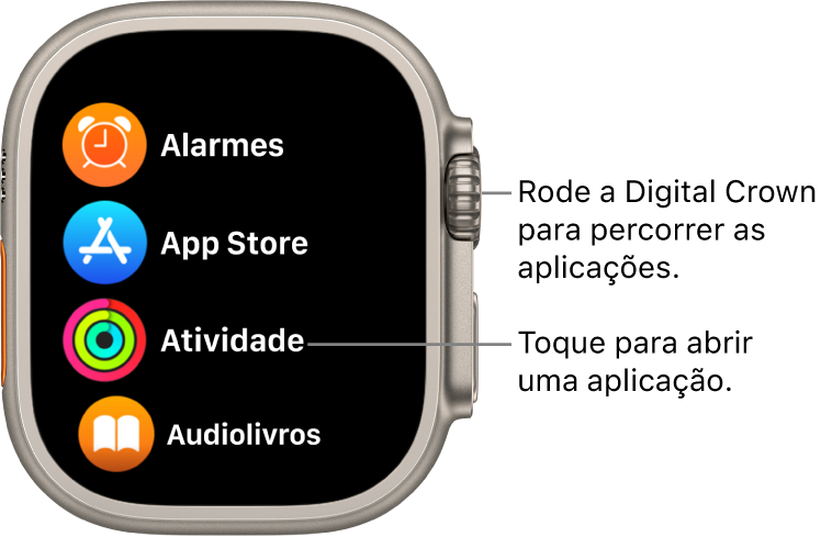 Ecrã principal na vista em lista no Apple Watch, com as aplicações numa lista. Toque numa aplicação para a abrir. Percorra a lista para ver todas as aplicações.