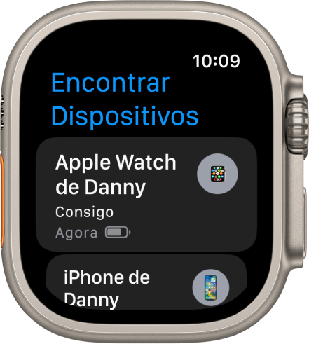 A aplicação Encontrar Dispositivos a mostrar dois dispositivos: um Apple Watch e um iPhone.