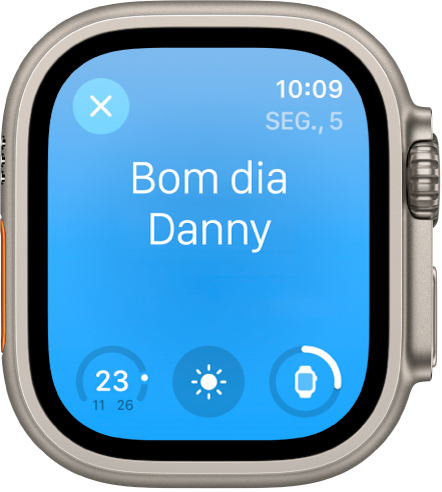 Apple Watch, com o ecrã do despertador. As palavras “Bom dia” aparecem na parte superior. O nível de bateria encontra-se por baixo.