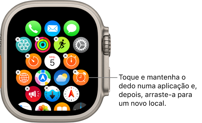 O ecrã principal do Apple Watch na vista em grelha.