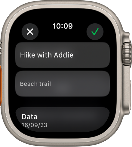 O ecrã “Editar” na aplicação Lembretes no Apple Watch. O nome do lembrete encontra-se na parte superior com uma descrição por baixo. Na parte inferior, encontra-se a data para a qual o lembrete está agendado. O botão “Verificar” encontra-se na parte superior direita. O botão “Fechar” encontra-se na parte superior esquerda.