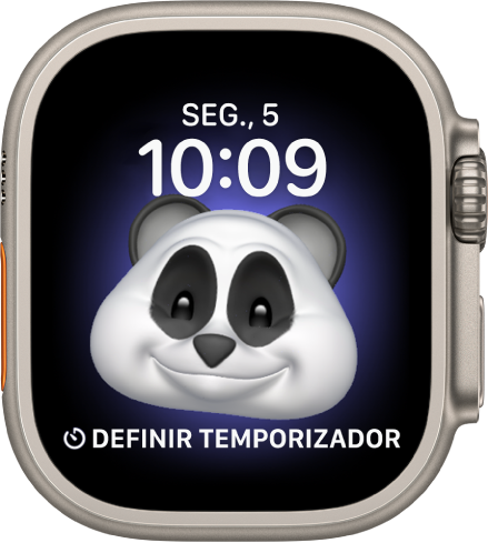O mostrador Memoji, onde pode ajustar a personagem Memoji e uma complicação na parte inferior. Toque no ecrã para animar o Memoji. A data e a hora encontram-se na parte superior e a complicação “Temporizador” está na parte inferior.