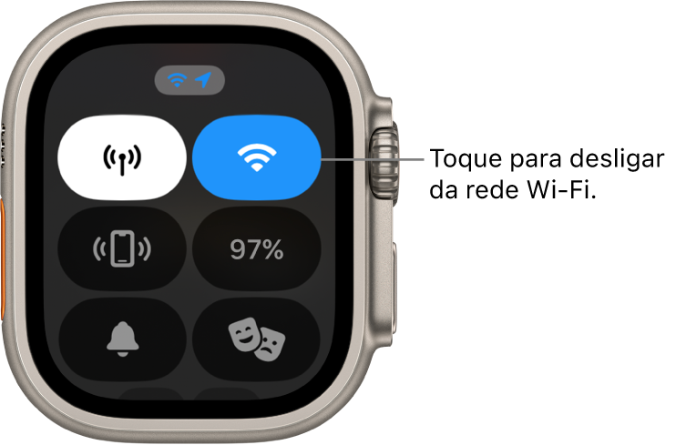 A central de controlo no Apple Watch Ultra, com o botão Wi-Fi no canto superior direito. A chamada diz: “Toque para desligar da rede Wi-Fi.”