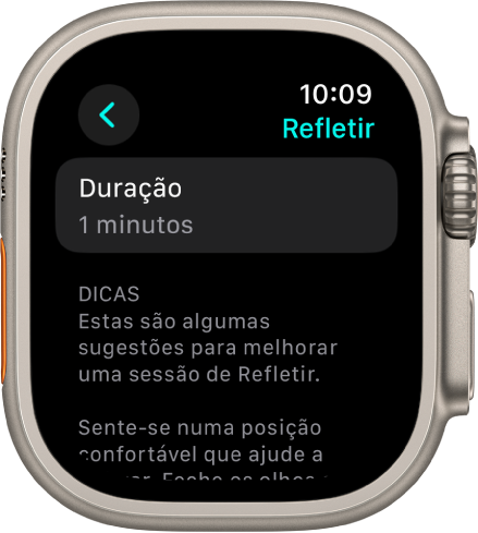 O ecrã da aplicação Atenção Plena, com a duração de um minuto na parte superior. Por baixo estão dicas para ajudar a melhorar a sessão “Refletir”.