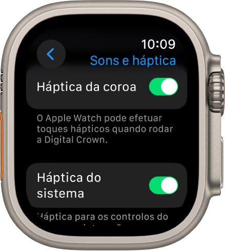 Ecrã “Háptica da coroa”, com o interruptor “Háptica da coroa” ativado. O manípulo “Háptica do sistema” está por baixo.