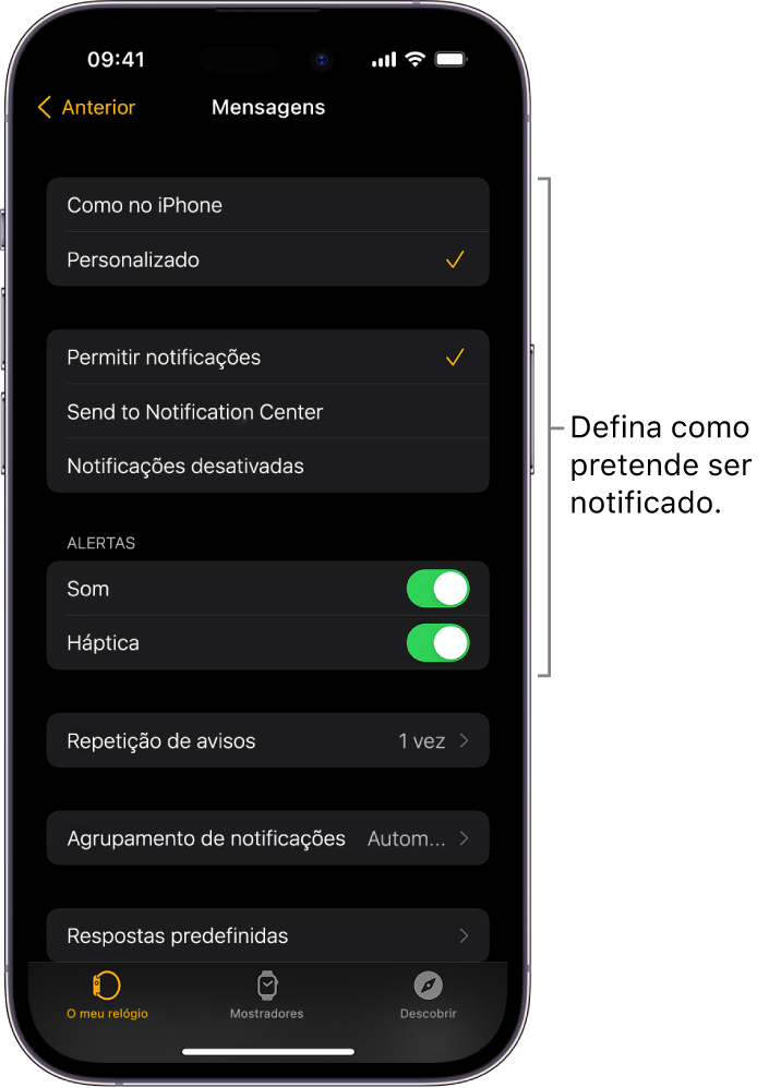 Definições de mensagens na aplicação Apple Watch, no iPhone. Pode optar por mostrar avisos, ativar sons, ativar háptica e repetição de avisos.