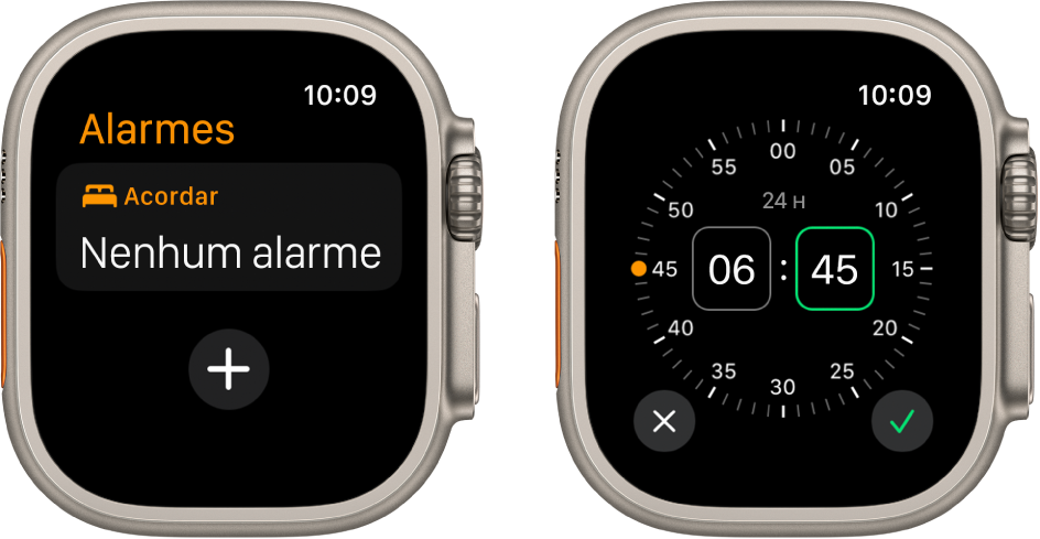 Dois ecrãs do relógio que mostram o processo de adicionar um alarme: toque em “Novo alarme” rode a Digital Crown para ajustar a hora e, em seguida, toque no botão com a marca de visto.