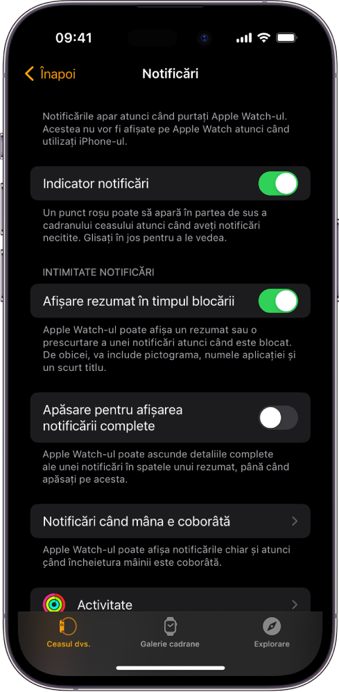 Ecranul Notificări din aplicația Apple Watch de pe iPhone, afișând sursele notificărilor.
