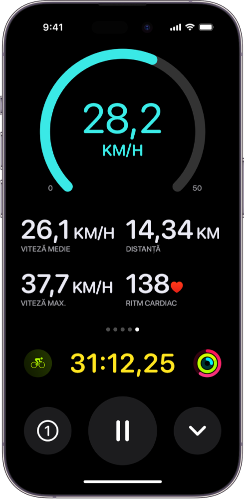 Un exercițiu de pedalat în desfășurare este afișat ca activitate live pe iPhone și afișează viteza exercițiului, viteza medie, distanța parcursă, viteza maximă, ritmul cardiac și timpul total scurs.