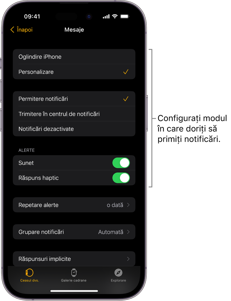 Configurările Mesaje în aplicația Apple Watch pe iPhone. Puteți alege să afișați alertele, să porniți sunetul, să activați răspunsul haptic și să repetați alertele.