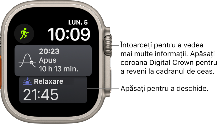 Cadranul de ceas Siri prezentând data și ora în dreapta sus. O complicație Faza lunii se află în stânga sus. Dedesubt se află complicația Răsărit/Apus. În partea de jos se află complicația Somn.