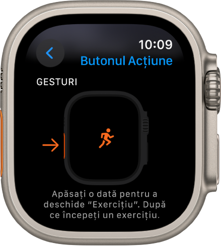 Ecranul Butonul Acțiune de pe Apple Watch Ultra, afișând Exerciții drept acțiune și aplicație alocată. Apăsarea butonului Acțiune o dată deschide aplicația Exerciții.
