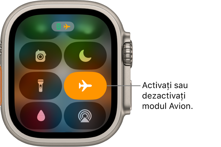Centrul de control cu butonul mod Avion evidențiat pentru a indica faptul că modul Avion este activat.