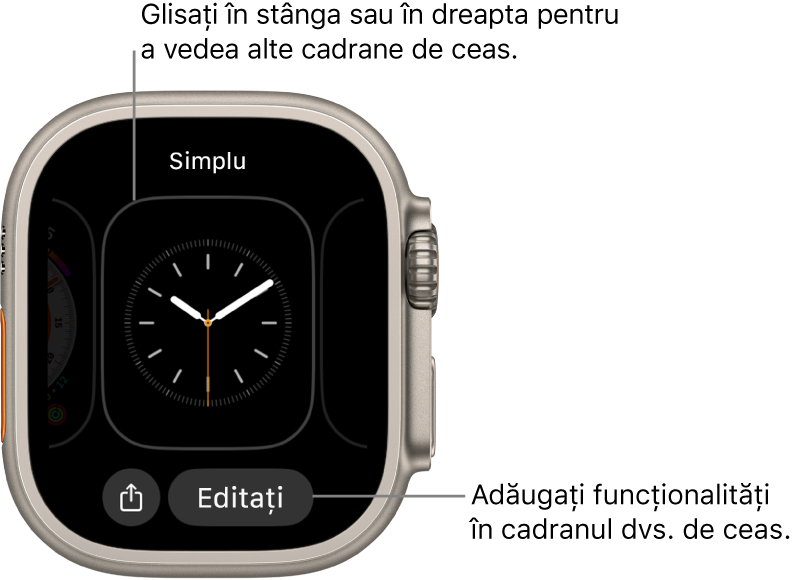 Când mențineți apăsat cadranul ceasului, vedeți cadranul actual cu butoanele Partajați și Editați în partea de jos. Numele cadranului de ceas se află sus. Glisați spre stânga sau spre dreapta pentru a vedea alte opțiuni pentru cadran ceasului. Apăsați o complicație pentru adăugarea caracteristicilor dorite.